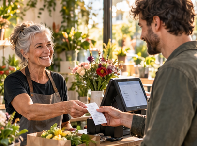 Fiorista che consegna lo scontrino a un cliente al banco di un negozio di fiori
