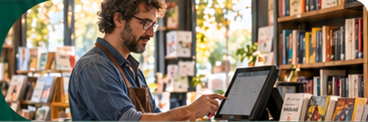 Libraio al bancone di una libreria con una cassa touchscreen