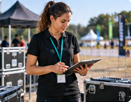 Organizzatrice con tablet accanto alle casse dell’attrezzatura di un evento
