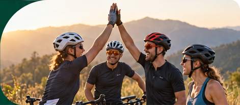 Ciclisti che si battono il cinque al tramonto su una collina