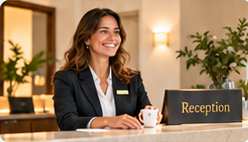 Reception di hotel con banco in legno e area d'attesa