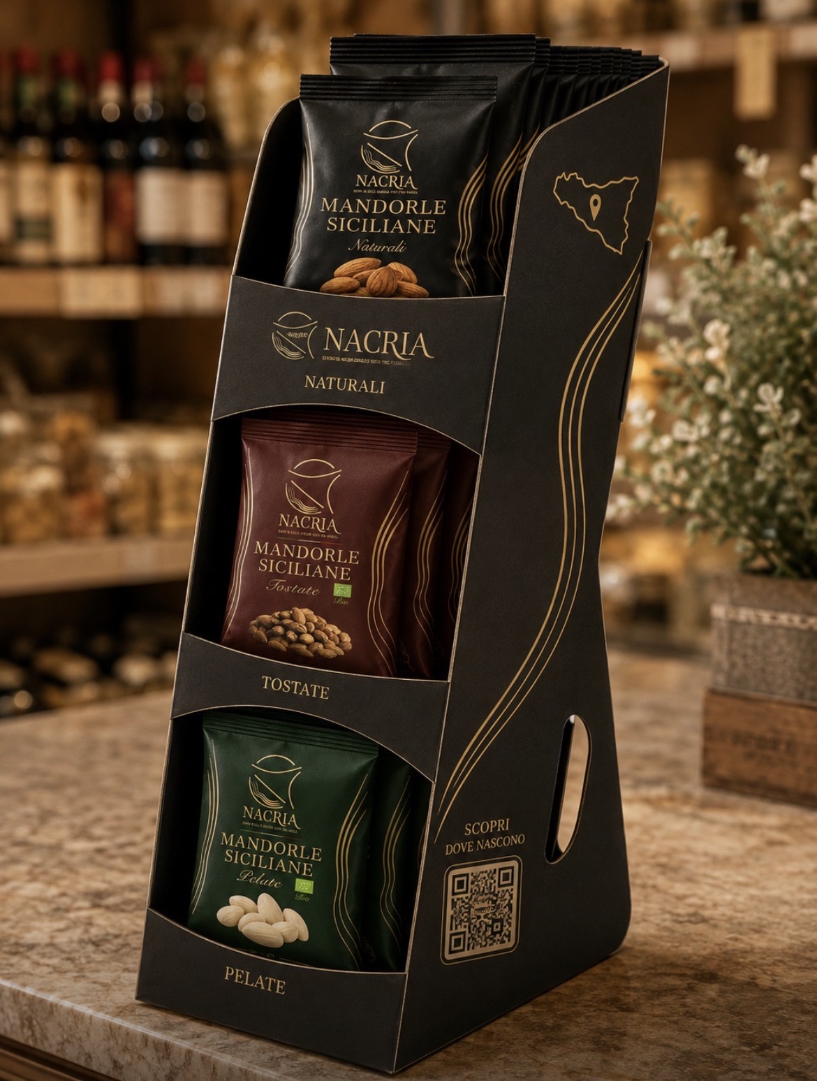 Nacria counter display stand with almond packs