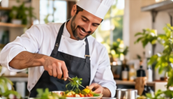 Sala ristorante apparecchiata con tavoli in legno e sedute