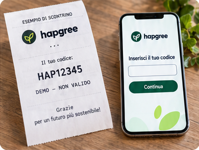 Esempio dimostrativo di scontrino HapGree con codice non valido accanto a uno smartphone