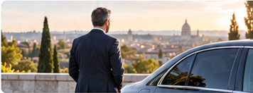 Chauffeur accanto a un’auto con la città sullo sfondo