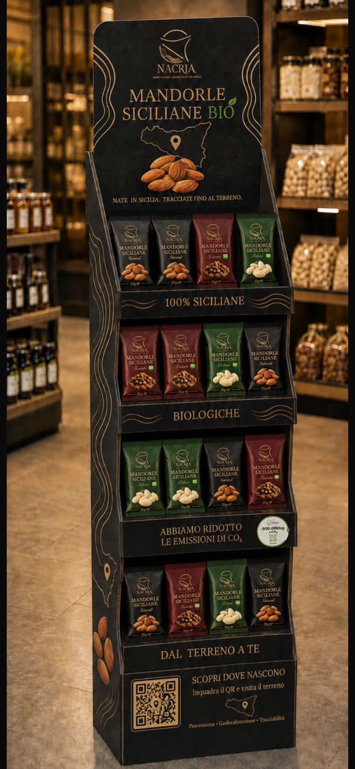 Tall Nacria display stand with packs of natural, roasted and peeled almonds