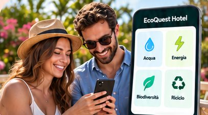 Composizione illustrativa EcoQuest Hotel con ospiti e smartphone