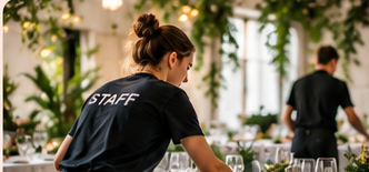 Staff che prepara i tavoli di un evento