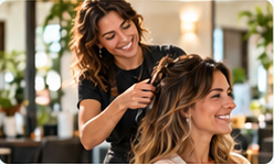 Parrucchiere che taglia i capelli a una cliente nel salone
