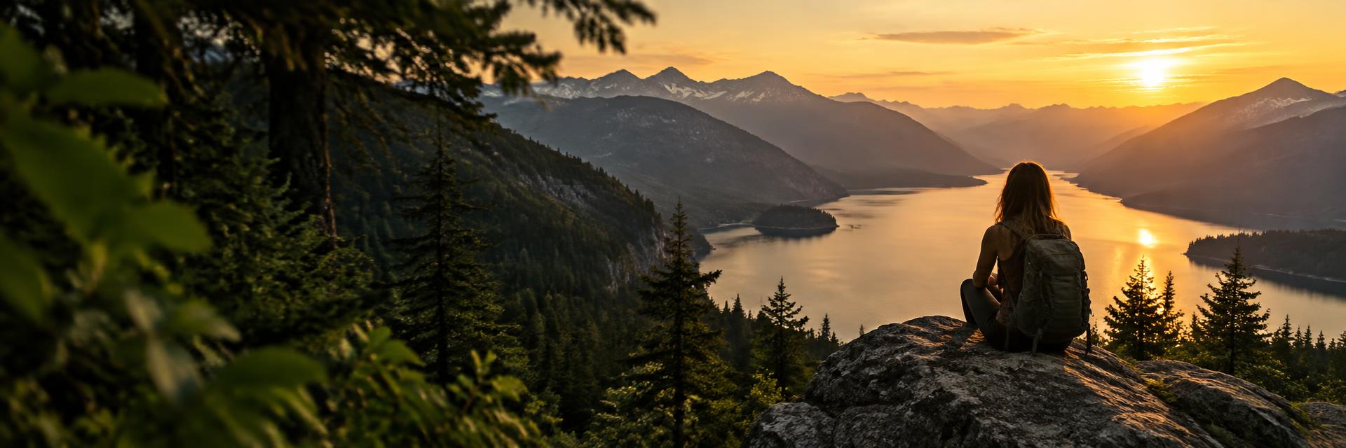 Person sitting on a rock facing a mountain lake at sunset