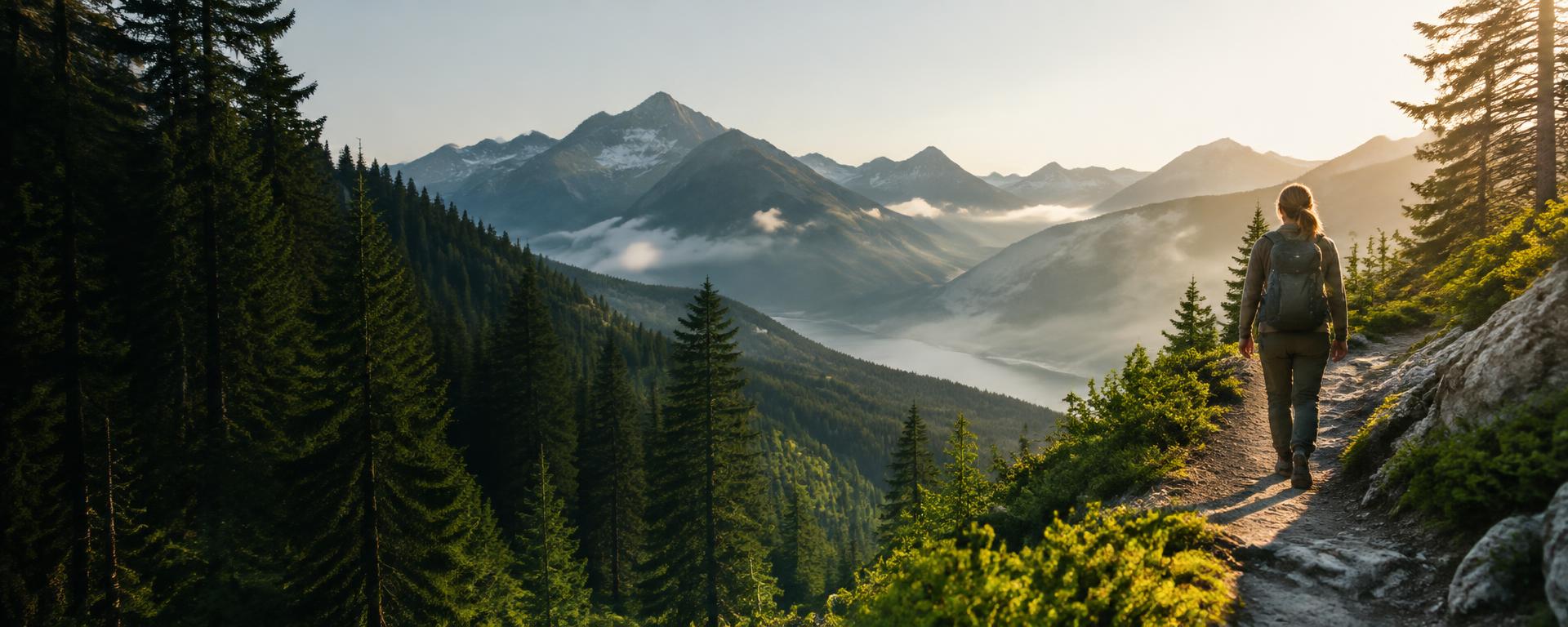 Escursionista su un sentiero di montagna tra i boschi